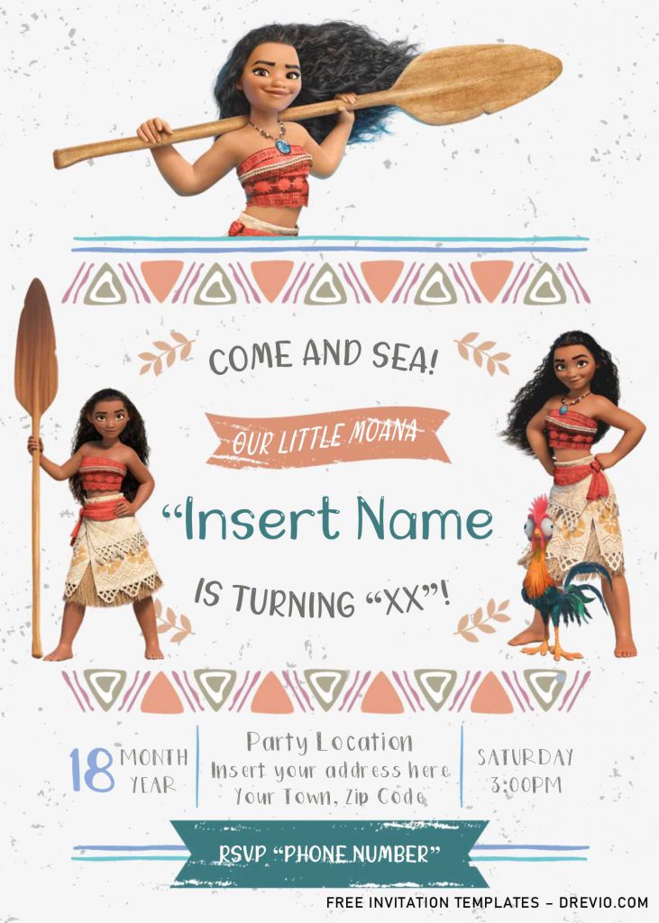 Free Moana Birthday Invitation Templates For Word and has Moana standing and holding paddle