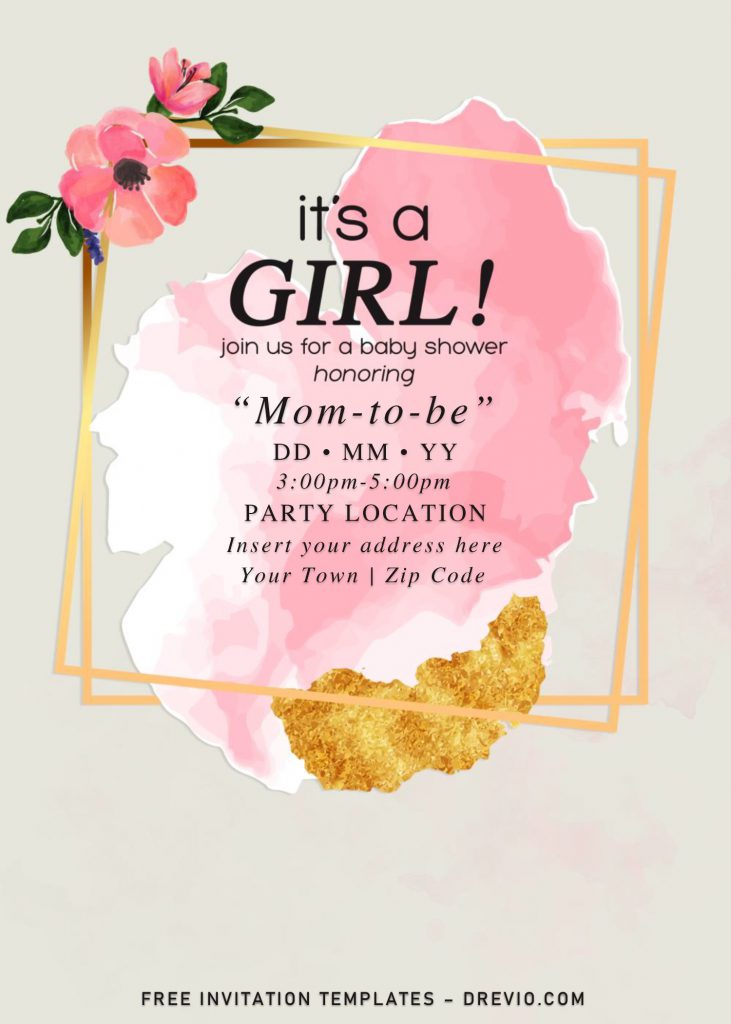 Free Gold Glitter Girl Baby Shower Invitation Templates For Word and has pink flowers