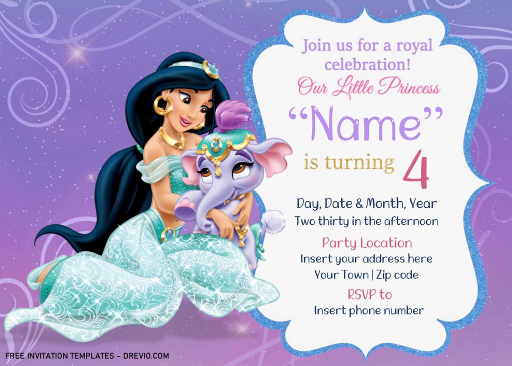 Free Jasmine Birthday Invitation Templates For Word and has beautiful princess Jasmine sitting and hugging baby elephant