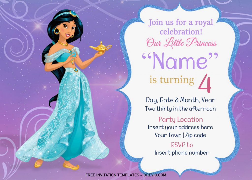 Free Jasmine Birthday Invitation Templates For Word and has Jasmine holding Genie lamp