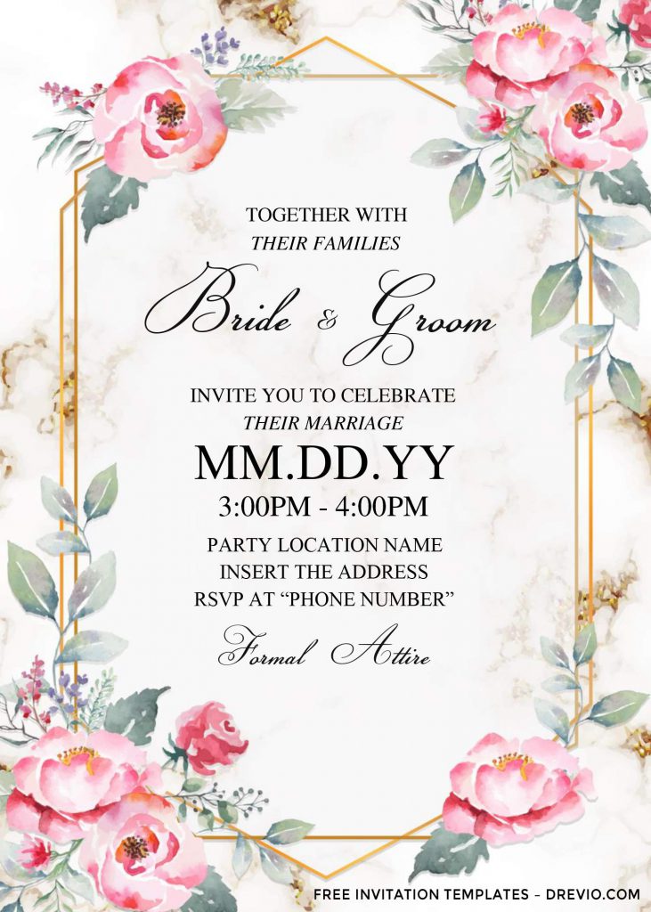 Free Dusty Rose Wedding Invitation Template For Word and has metallic gold text frame