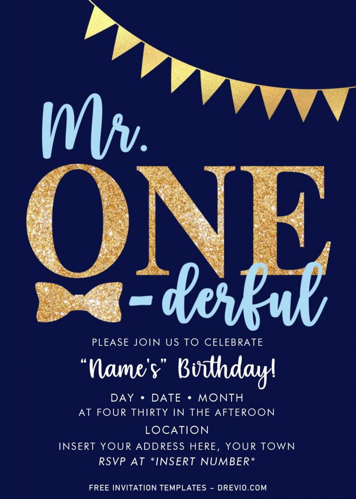 Free Mr. Onederful Birthda Invitation Templates For Word and has Gold glitter baby boy bowtie 