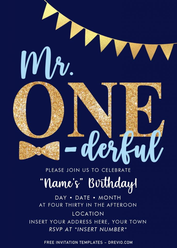 Free Mr. Onederful Birthda Invitation Templates For Word and has sparkling gold party garland or bunting flags