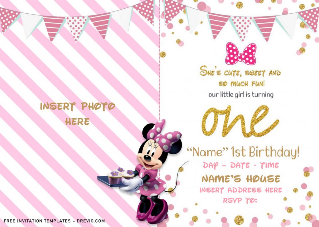 Free Sparkling Gold Glitter Minnie Mouse Birthday Invitation Templates For Word and has pink bunting flag