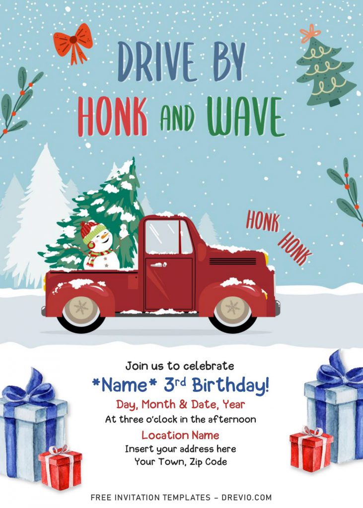 Free Winter Red Truck Drive By Birthday Party Invitation Templates For Word and has Birthday Gift Boxes