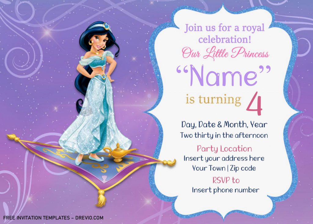 Free Jasmine Birthday Invitation Templates For Word and has Jasmine flying on Magic Carpet
