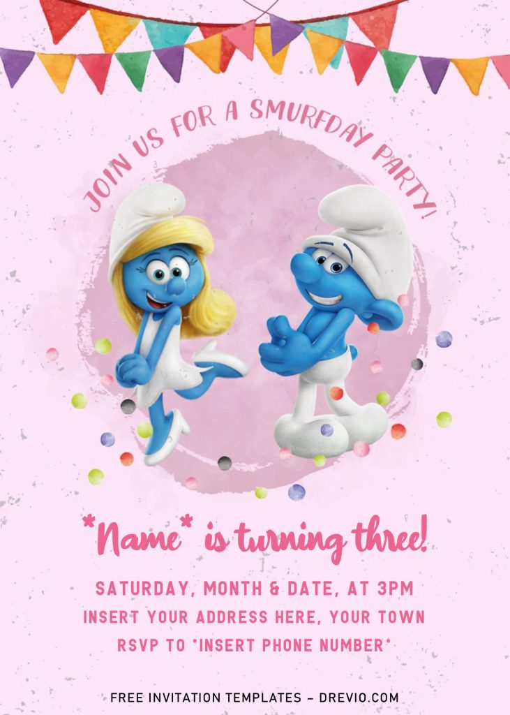 Free Smurf Birthday Invitation Templates For Word and has cute and colorful watercolor polka dots