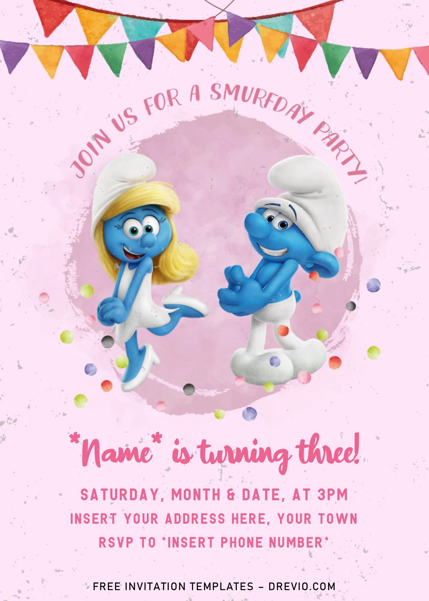Paper Templates SMURF instant download editable Girl boy Birthday Invitation  free thank you card & back side changeable background 