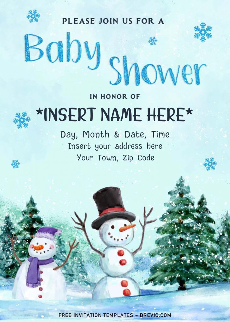 Free Winter Baby Shower Invitation Templates For Word and has Watercolor Snowmen wearing hats