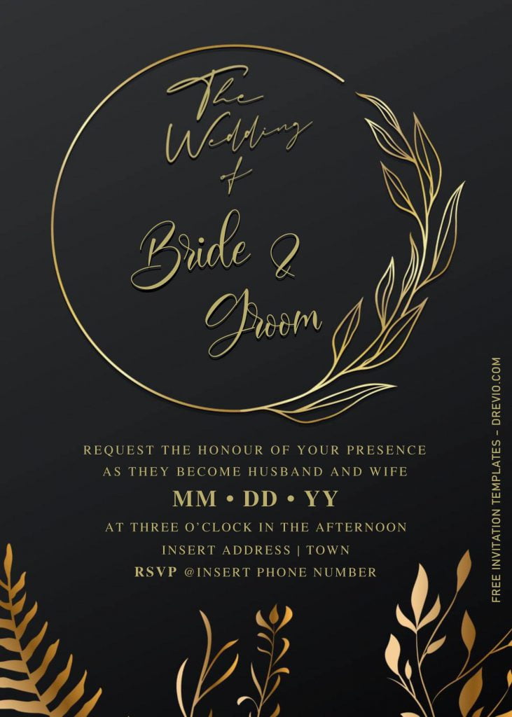 Free Elegant Black And Gold Wedding Invitation Templates For Word and has gold floral frame