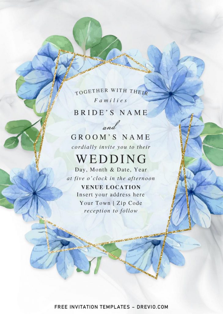 Free Blue Floral And Gold Geometric Wedding Invitation Templates For Word and has white marble background