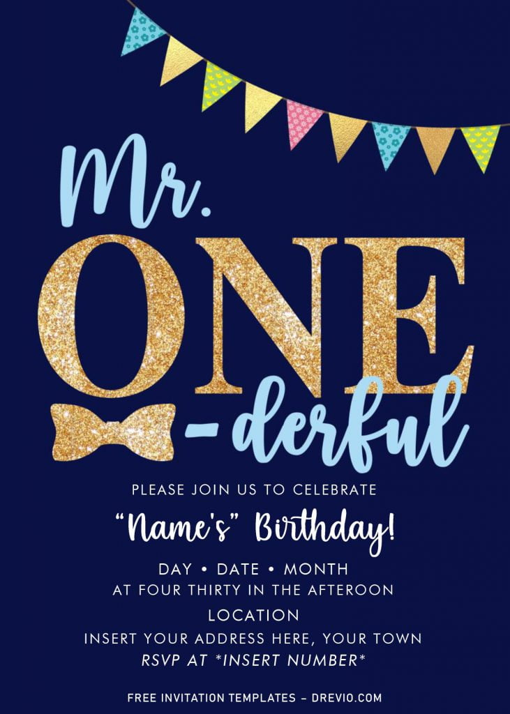 Free Mr. Onederful Birthda Invitation Templates For Word and has gold glitter text