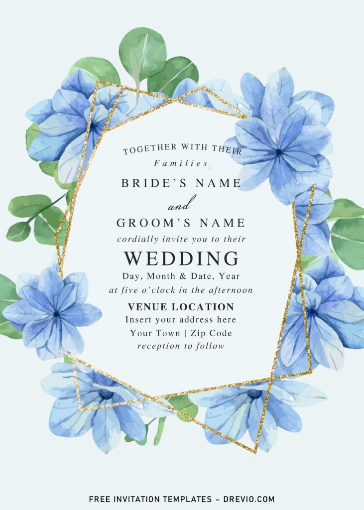 Free Blue Floral And Gold Geometric Wedding Invitation Templates For Word and has custom gold geometric frame