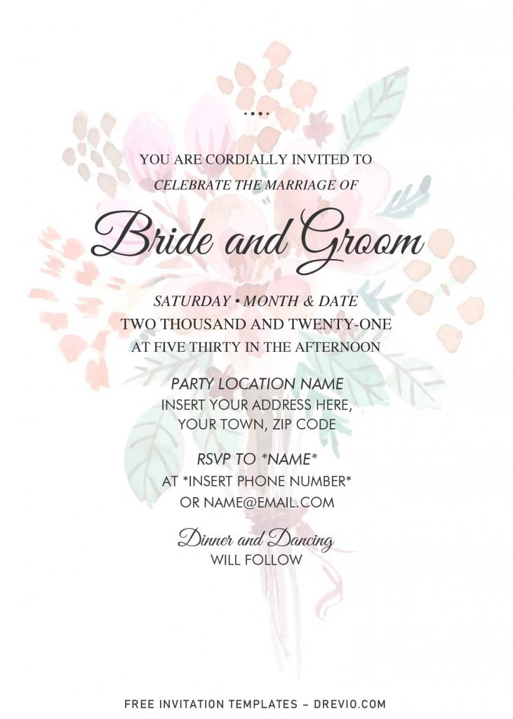 Free Vintage Floral Bouquet Wedding Invitation Templates For Word and has watercolor flower background