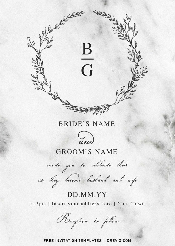 Free Floral Monogram Wedding Invitation Templates For Word and has stunning white & black marble background