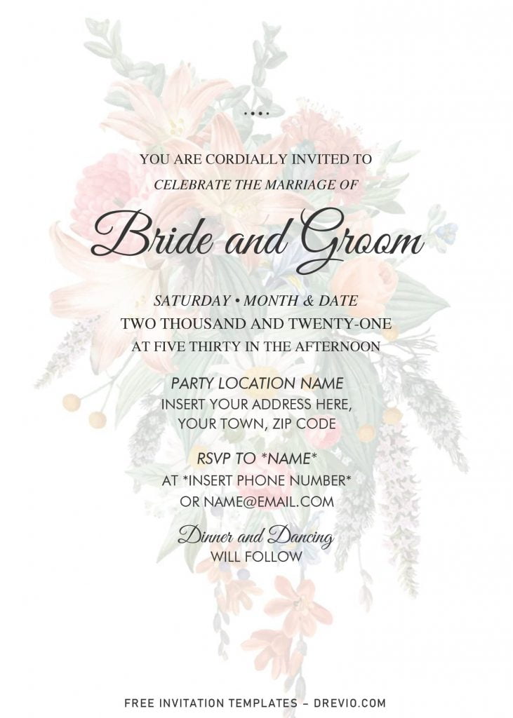 Free Vintage Floral Bouquet Wedding Invitation Templates For Word and has solid white background