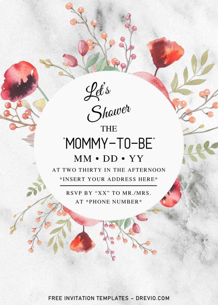 Free Summer Garden Baby Shower Invitation Templates For Word and has white black marble background and custom flower wreath