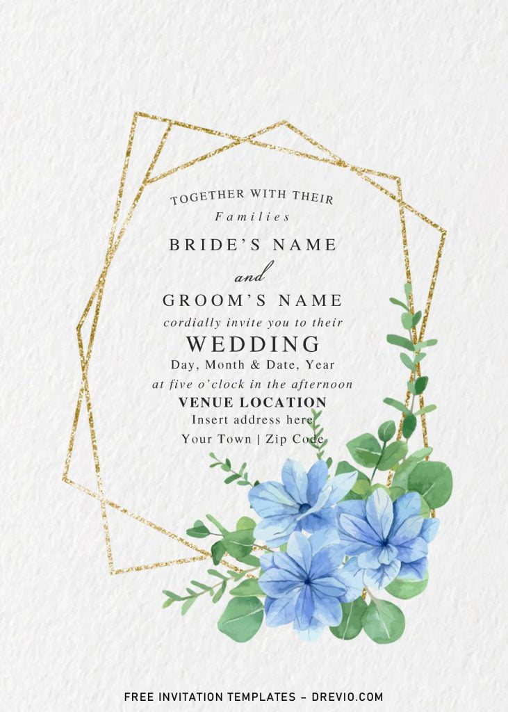 Free Blue Floral And Gold Geometric Wedding Invitation Templates For Word and has portrait orientation
