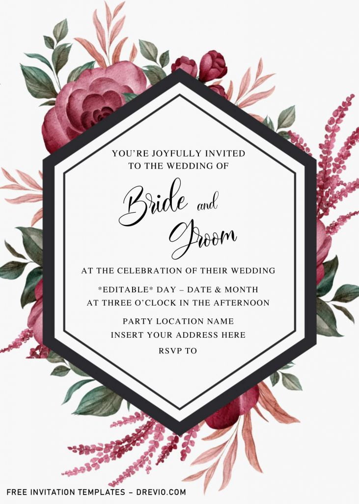 Free Burgundy Floral Wedding Invitation Templates For Word and has portrait orientation design