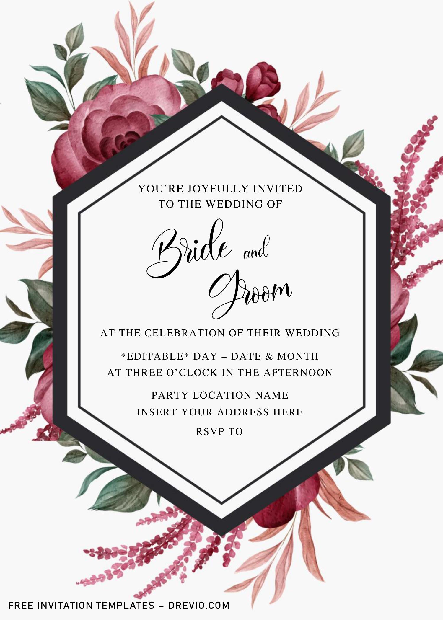 free burgundy floral wedding invitation templates for word