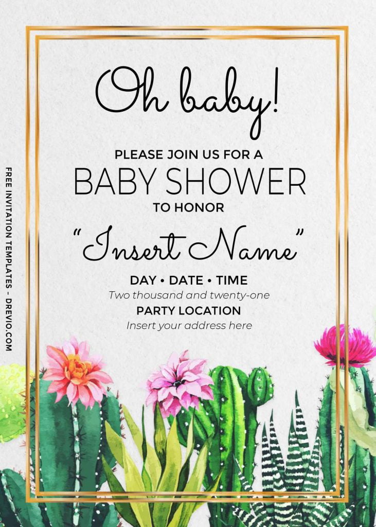 Free Oh Baby Cactus Baby Shower Invitation Templates For Word and has portrait orientation design and rustic style background and metallic gold frame