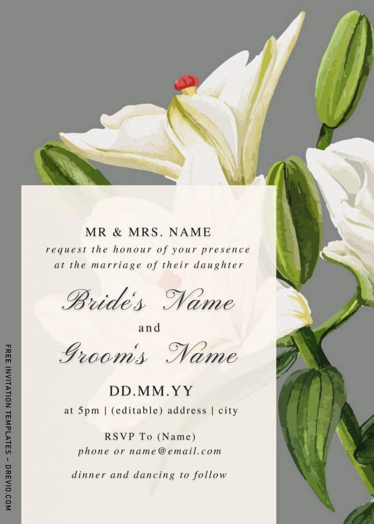 Free Watercolor Lily Wedding Invitation Templates For Word and has lily and green leaves