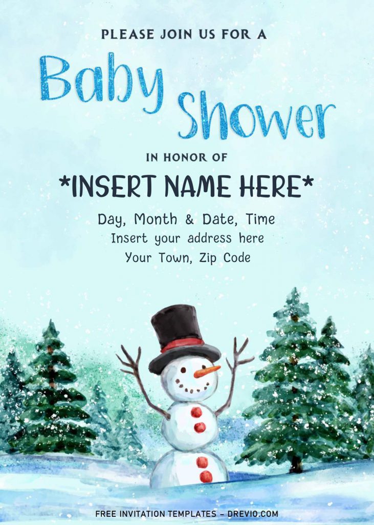 Free Winter Baby Shower Invitation Templates For Word and has Watercolor Snowman in the forest