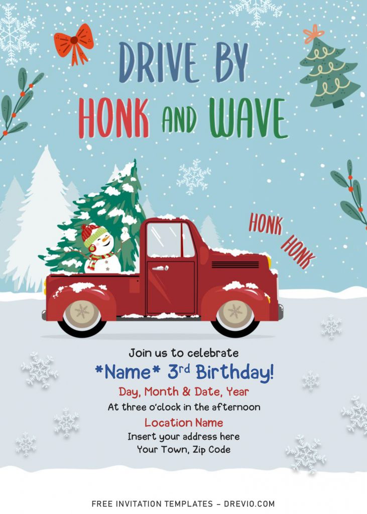 Free Winter Red Truck Drive By Birthday Party Invitation Templates For Word and has Vintage truck with Christmas Tree