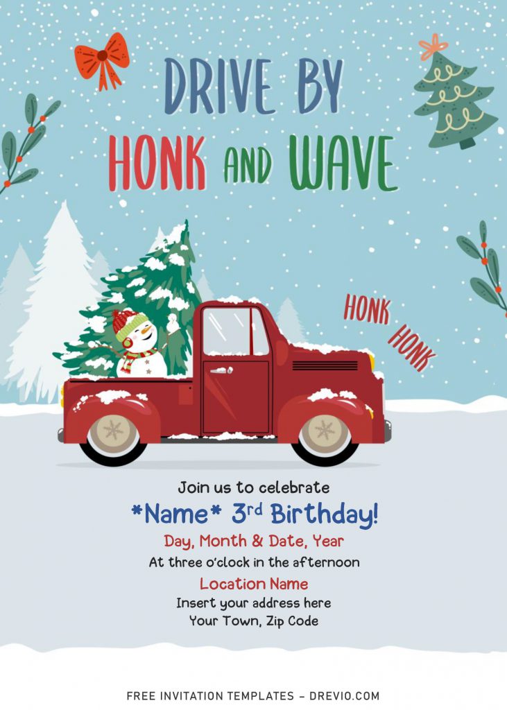 Free Winter Red Truck Drive By Birthday Party Invitation Templates For Word and has Portrait orientation and snow background