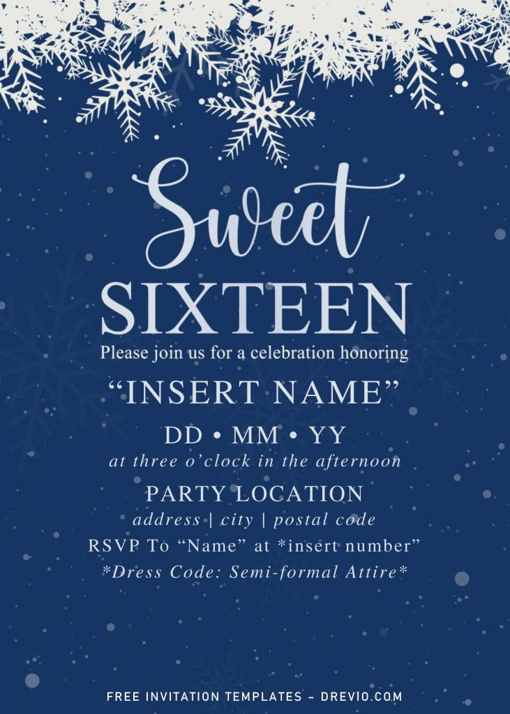 Free Winter Sweet Sixteen Birthday Invitation Templates For Word and has glitter white snowflakes
