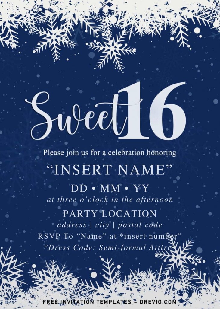 Free Winter Sweet Sixteen Birthday Invitation Templates For Word and has sparkling snowflakes border design