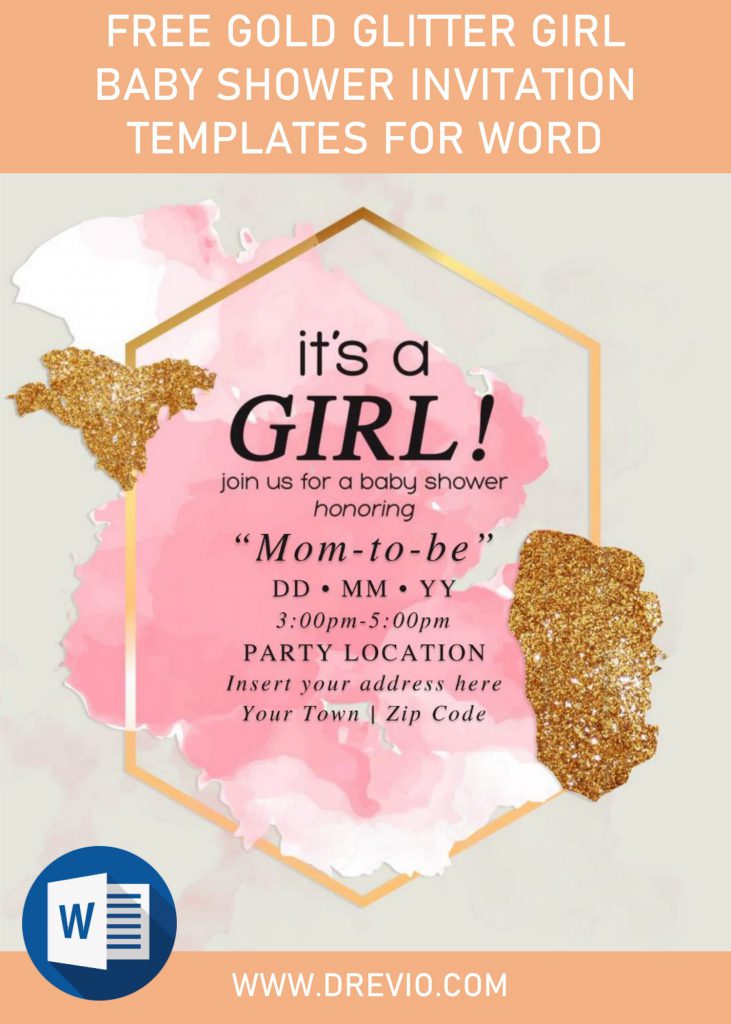 Free Gold Glitter Girl Baby Shower Invitation Templates For Word