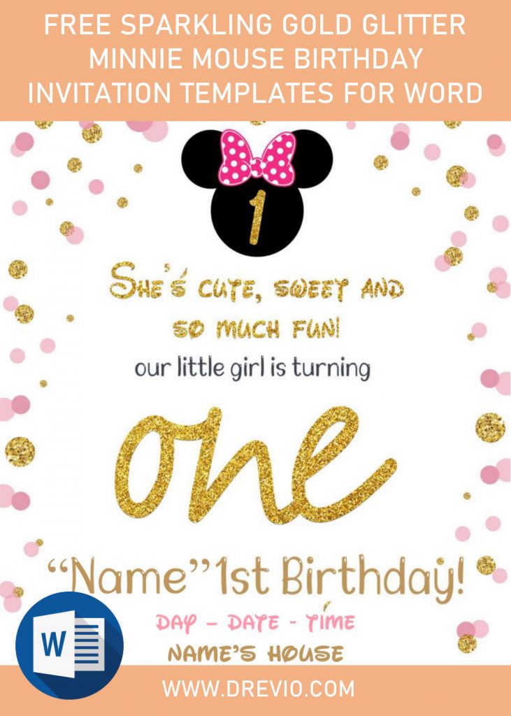 Free Sparkling Gold Glitter Minnie Mouse Birthday Invitation Templates For Word