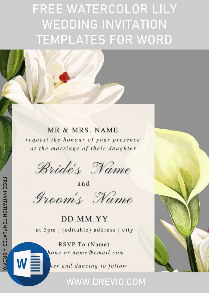 Free Watercolor Lily Wedding Invitation Templates For Word