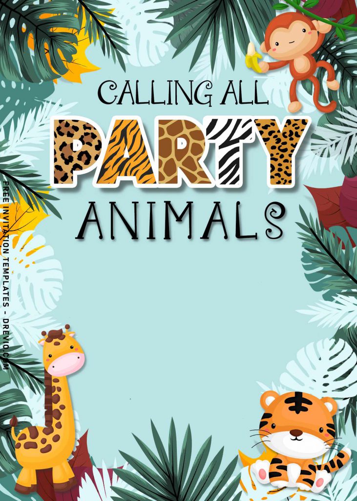 10+ Best Party Animals Invitation Templates For Kids Birthday Party and has cute baby giraffe and tiger