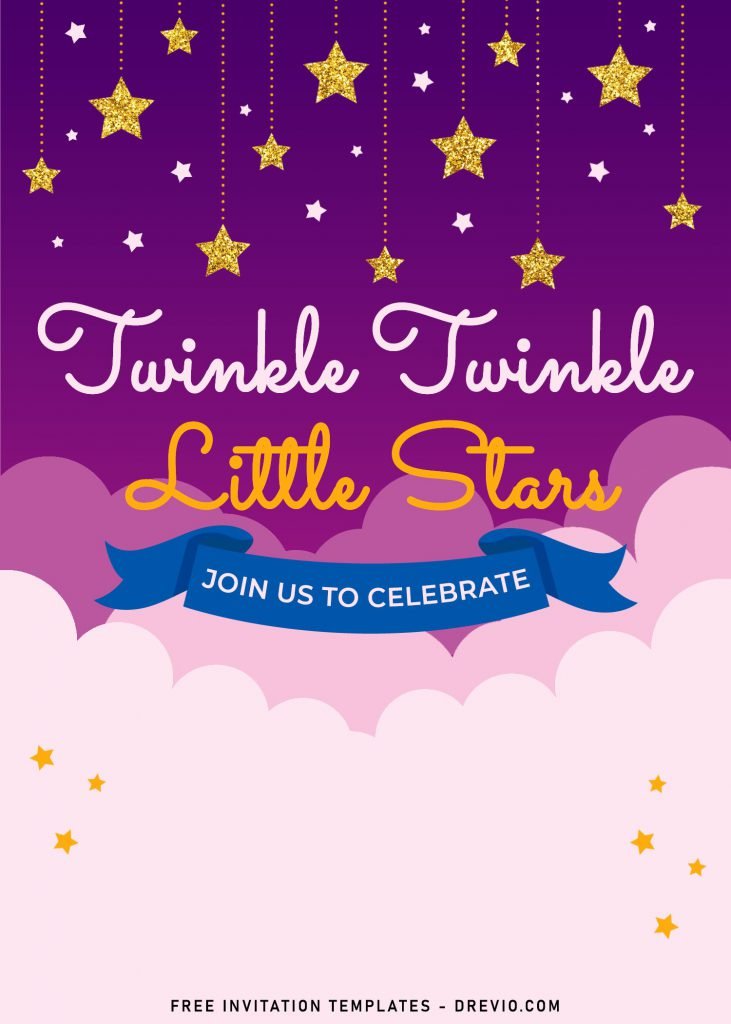 10+ Cute Twinkle Twinkle Little Stars Birthday Invitation Templates For Boys And Girls and has purple - blue gradient background