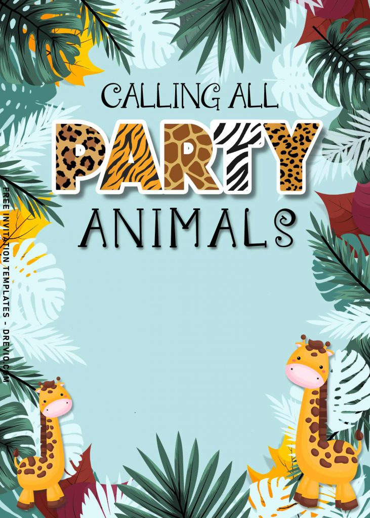 10+ Best Party Animals Invitation Templates For Kids Birthday Party and has exotic tropical leaves such as green monstera and palm leaves