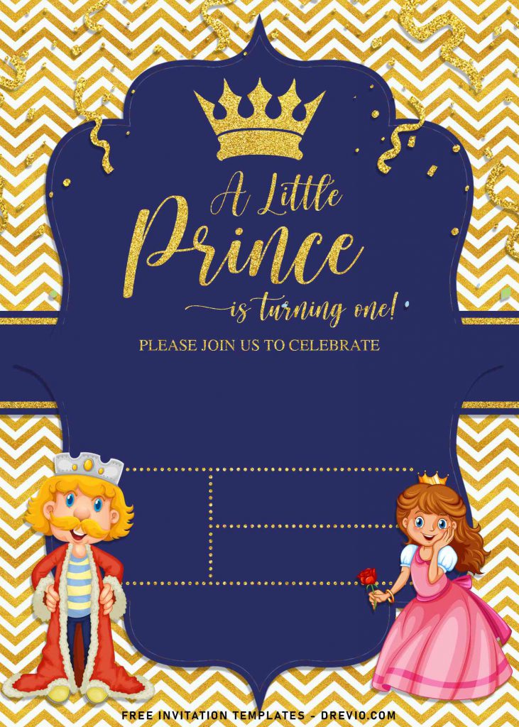 10+ Gold Glitter Prince Themed Birthday Invitation Templates For Your Birthday Party and has cute king and queen illustrations