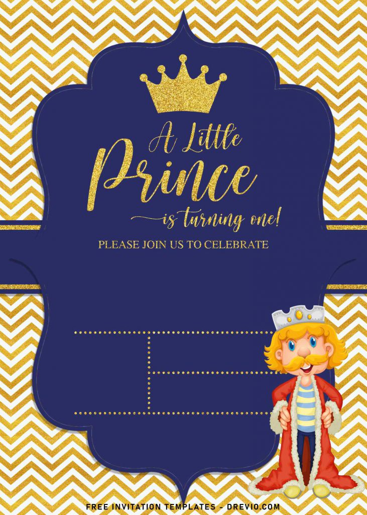 10+ Gold Glitter Prince Themed Birthday Invitation Templates For Your Birthday Party and has cute prince wear robe and crown