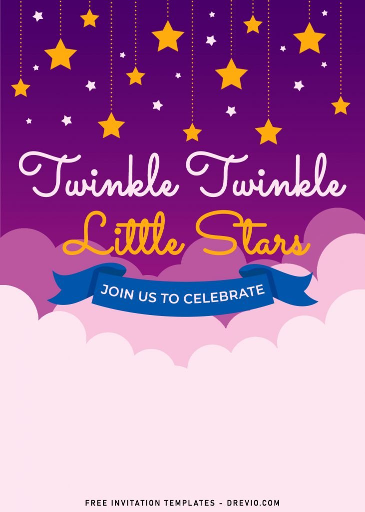 10+ Cute Twinkle Twinkle Little Stars Birthday Invitation Templates For Boys And Girls and has dazzling Stars hanging on a string