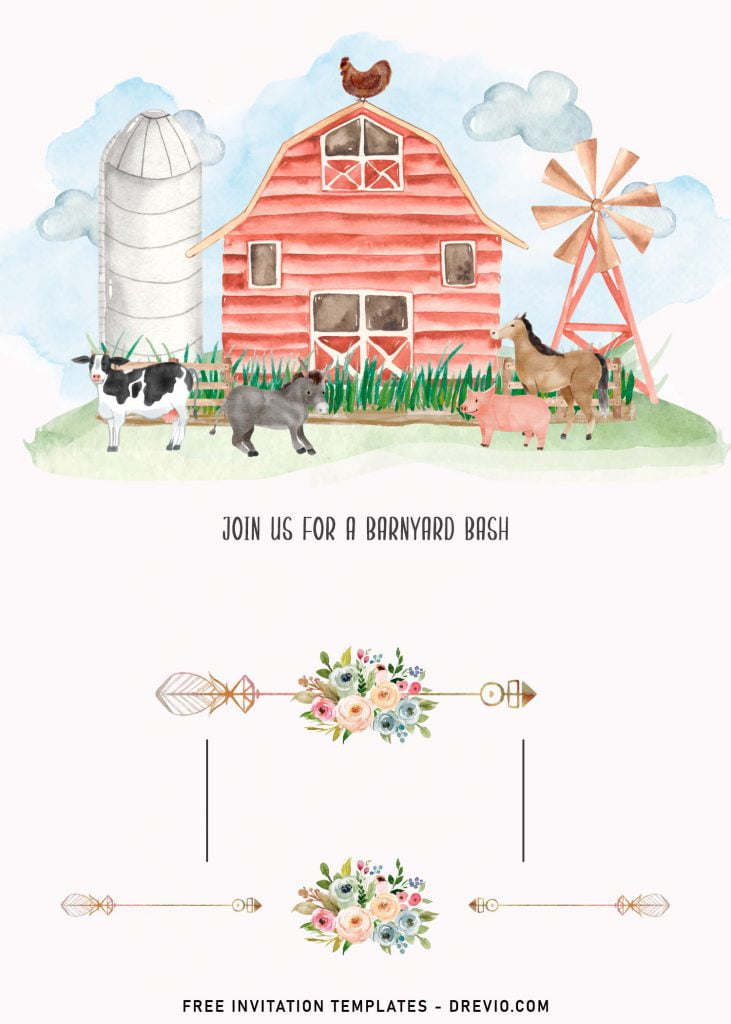 11+ Farm Animals Birthday Invitation Templates For Your Kid's Upcoming Birthday and has Barn house and Windmill 