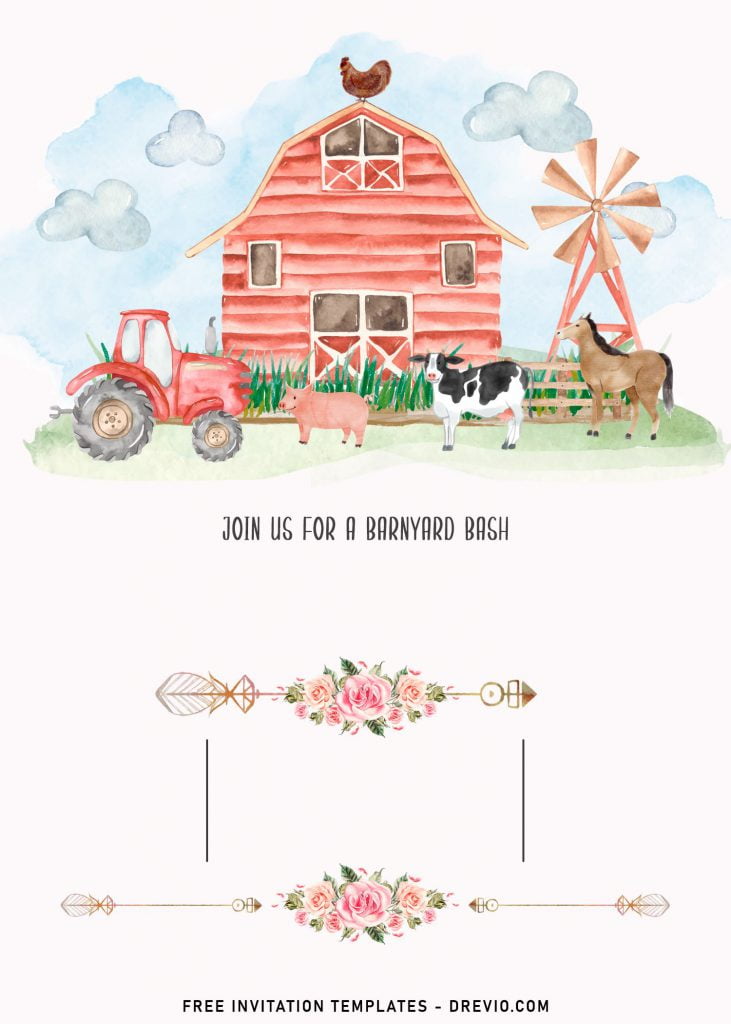 11+ Farm Animals Birthday Invitation Templates For Your Kid's Upcoming Birthday and has Cute Tractor and Chicken stands on the roof