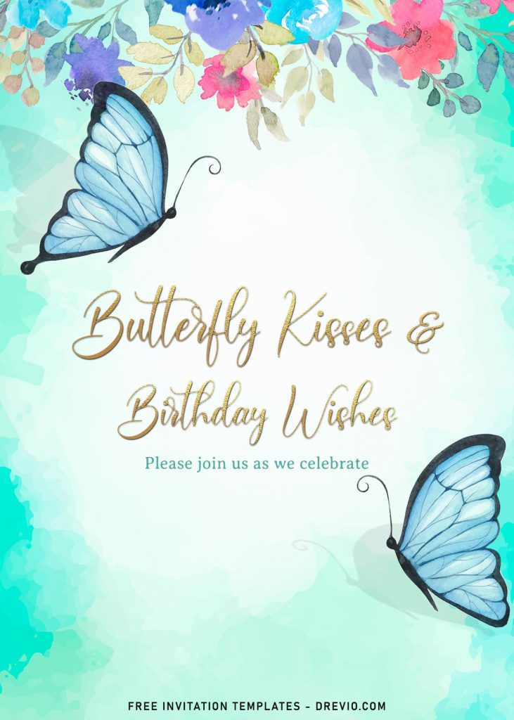 7+ Watercolor Butterfly Birthday Invitation Templates For All Ages and has dazzling gold glitter text and beautiful floral border