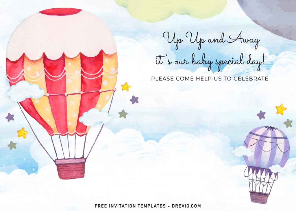 7+ Watercolor Hot Air Balloons Birthday Invitation Templates and has landscape orientation