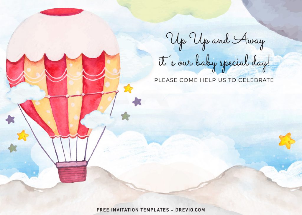 7+ Watercolor Hot Air Balloons Birthday Invitation Templates and has cute and colorful stars