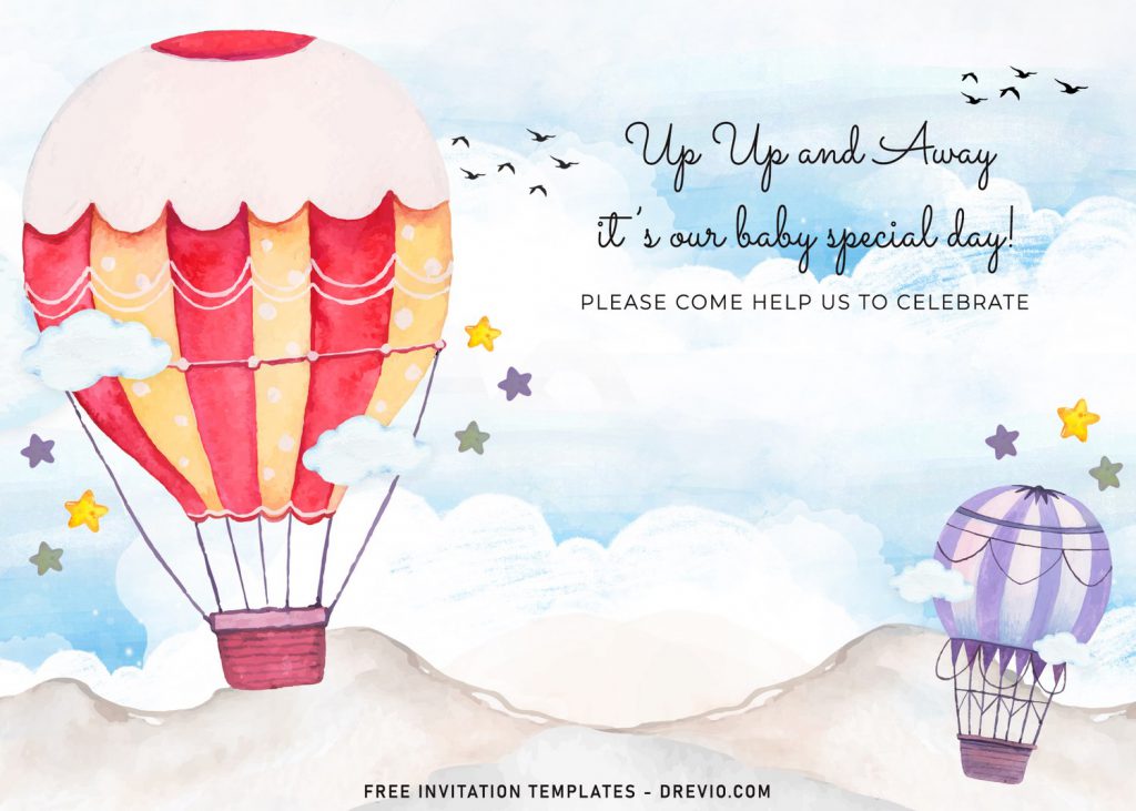 7+ Watercolor Hot Air Balloons Birthday Invitation Templates and has watercolor hot air balloons flying above the sky