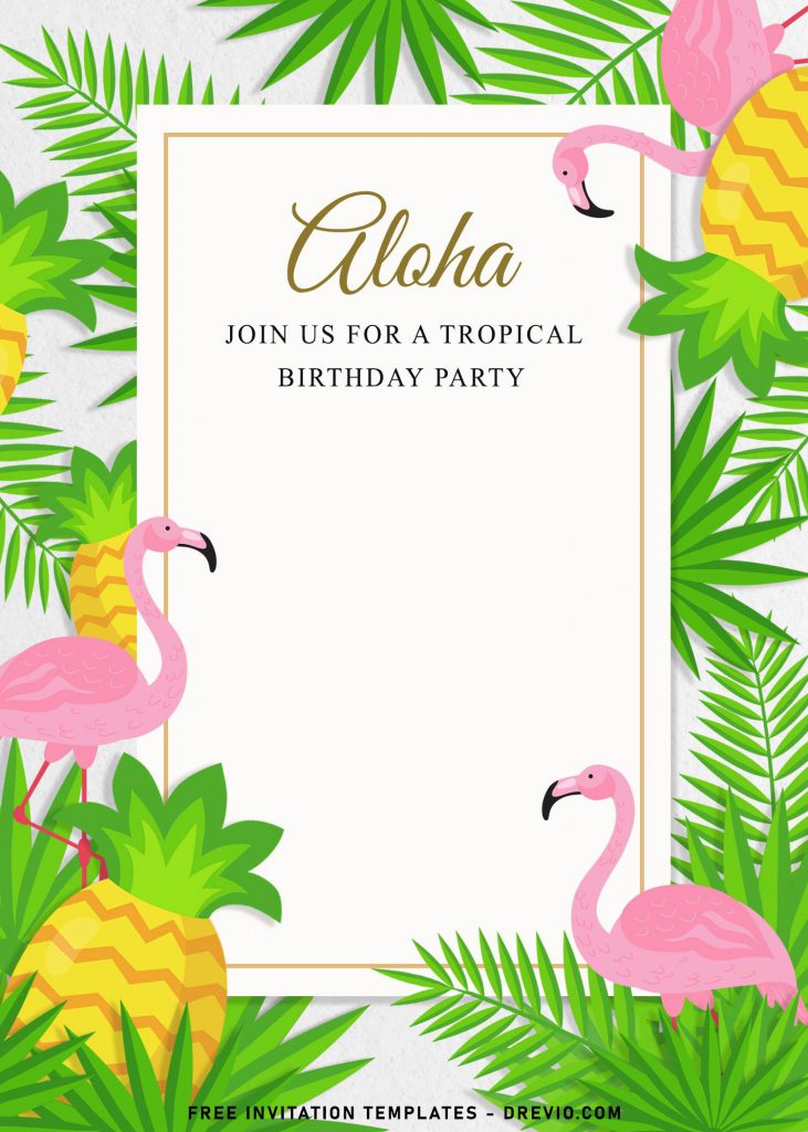 7+ Summer Inspired Birthday Invitation Templates For Your Kid's Tropical Birthday Party and has pineapple and palm leaves