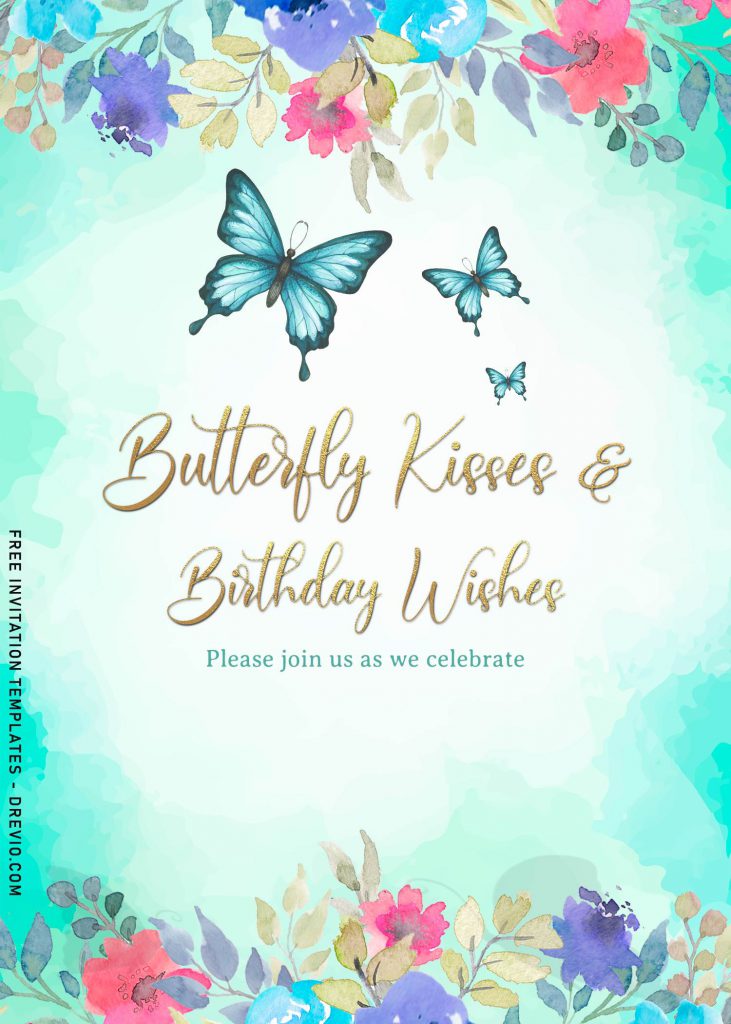 7+ Watercolor Butterfly Birthday Invitation Templates For All Ages and has white and blue watercolor background