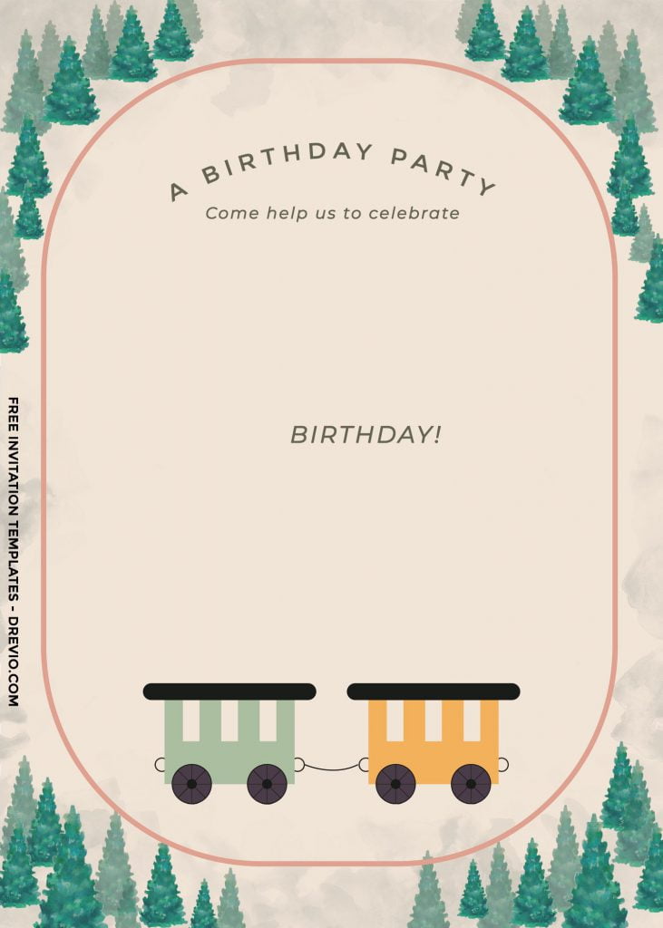 8+ Cute Vintage Train Themed Birthday Invitation Templates and has custom evergreen trees border
