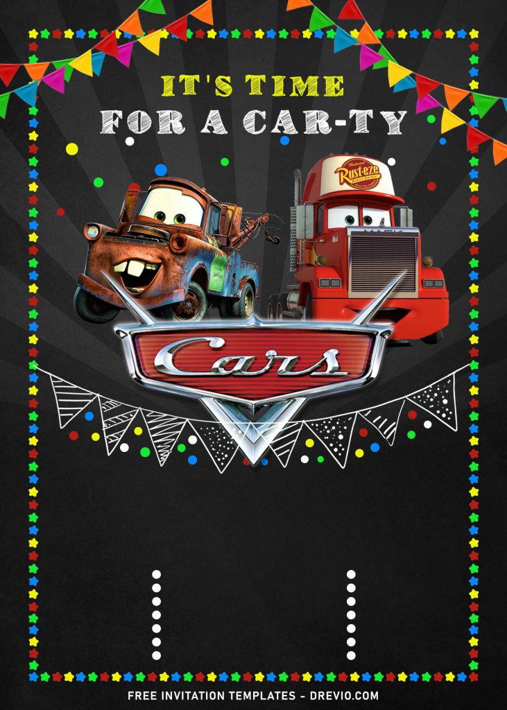 9+ Super Cool Disney Cars Chalkboard Themed Birthday Invitation Templates and has Mater and Mack from Cars 3
